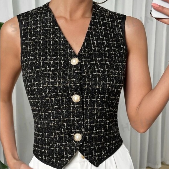 Black buttoned Blazer Tweed Vest - Picture 4 of 5